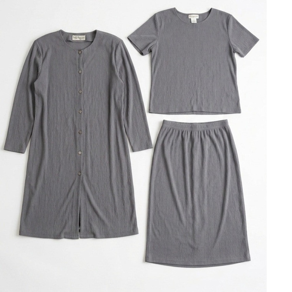 VTG‎ S.G. Collection Gray 3 Piece Skirt Suit Set Collarless Tunic Shell Top M